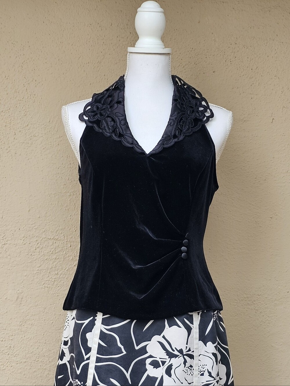 Petra Velour Velvet 80s Vintage Top W/ Faux Wrap 3 Button Closure Front